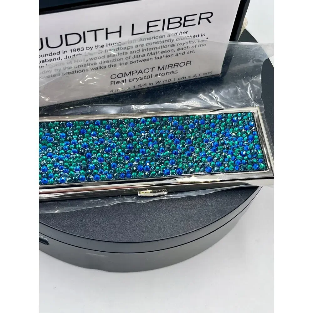 JUDITH‎ LEIBER Compact Mirror Slim Pocket Austria Crystal Green Blue Dots Silver